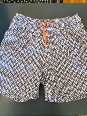 JCrew Crewcuts Navy Geo Print Boys Swim Trunks with Orange Drawcord